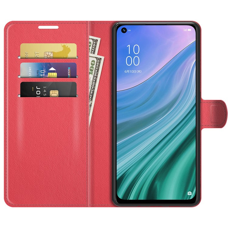 Folio Flip Litchi Texture Leather Wallet Phone Case with Stand for OPPO A54 5G/A93 5G/A74 5G/OnePlus Nord N200 5G - Red