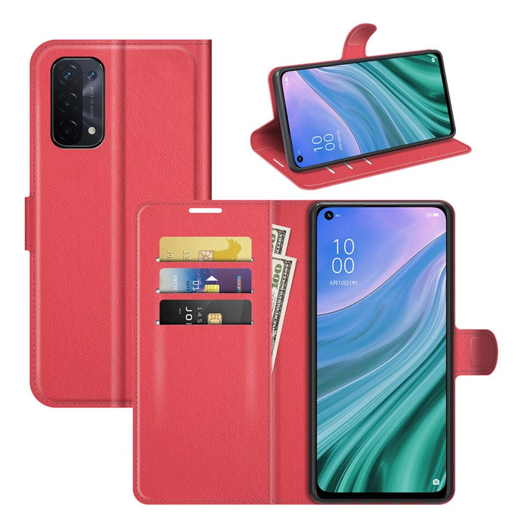 Folio Flip Litchi Texture Leather Wallet Phone Case with Stand for OPPO A54 5G/A93 5G/A74 5G/OnePlus Nord N200 5G - Red