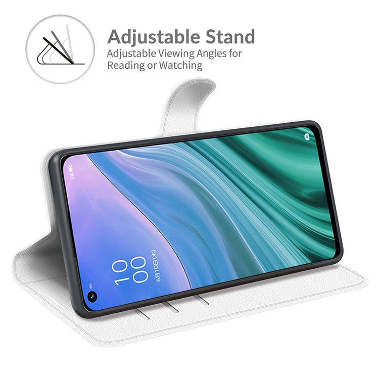Folio Flip Litchi Texture Leather Wallet Phone Case with Stand for OPPO A54 5G/A93 5G/A74 5G/OnePlus Nord N200 5G - White