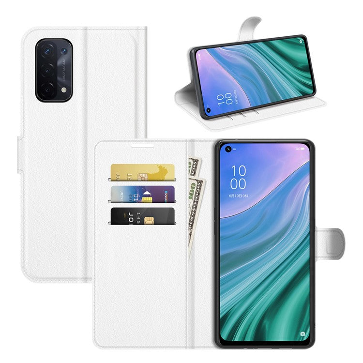 Folio Flip Litchi Texture Leather Wallet Phone Case with Stand for OPPO A54 5G/A93 5G/A74 5G/OnePlus Nord N200 5G - White