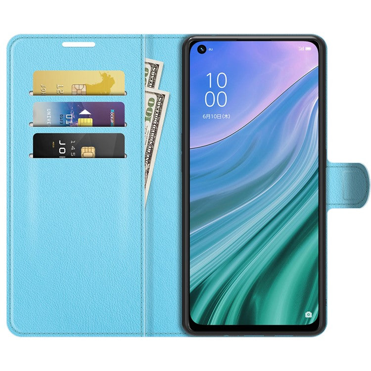 Folio Flip Litchi Texture Leather Wallet Phone Case with Stand for OPPO A54 5G/A93 5G/A74 5G/OnePlus Nord N200 5G - Blue