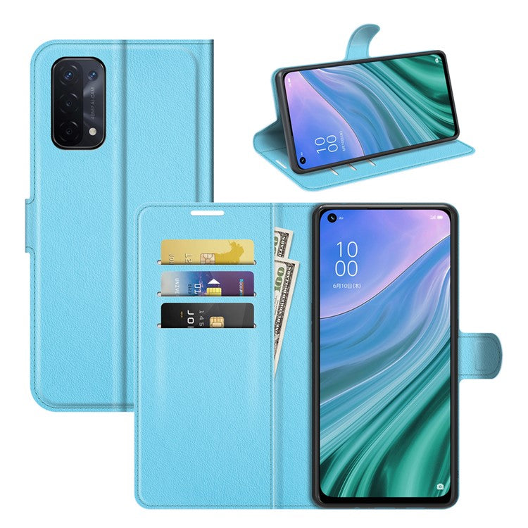 Folio Flip Litchi Texture Leather Wallet Phone Case with Stand for OPPO A54 5G/A93 5G/A74 5G/OnePlus Nord N200 5G - Blue
