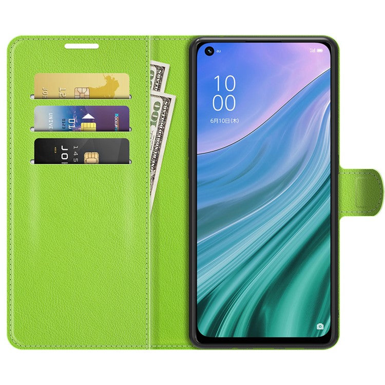 Folio Flip Litchi Texture Leather Wallet Phone Case with Stand for OPPO A54 5G/A93 5G/A74 5G/OnePlus Nord N200 5G - Green