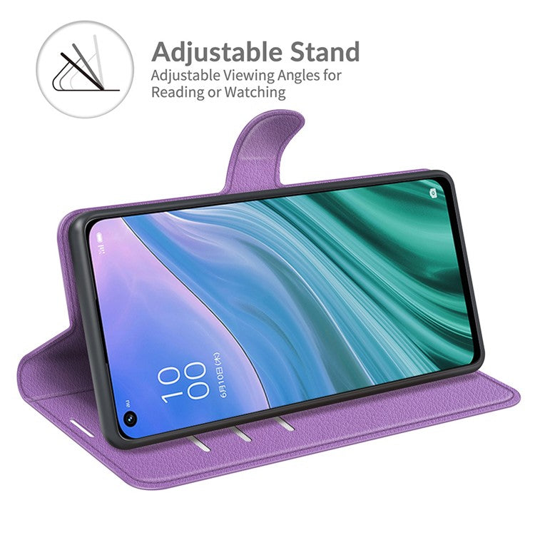 Folio Flip Litchi Texture Leather Wallet Phone Case with Stand for OPPO A54 5G/A93 5G/A74 5G/OnePlus Nord N200 5G - Purple