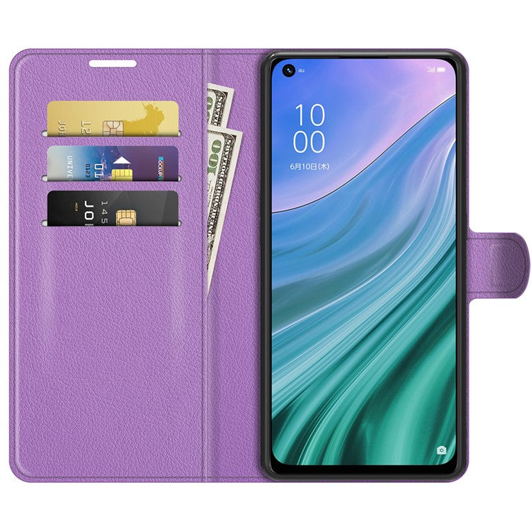 Folio Flip Litchi Texture Leather Wallet Phone Case with Stand for OPPO A54 5G/A93 5G/A74 5G/OnePlus Nord N200 5G - Purple