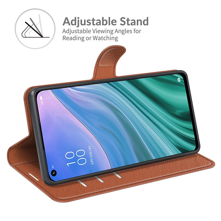 Folio Flip Litchi Texture Leather Wallet Phone Case with Stand for OPPO A54 5G/A93 5G/A74 5G/OnePlus Nord N200 5G - Brown