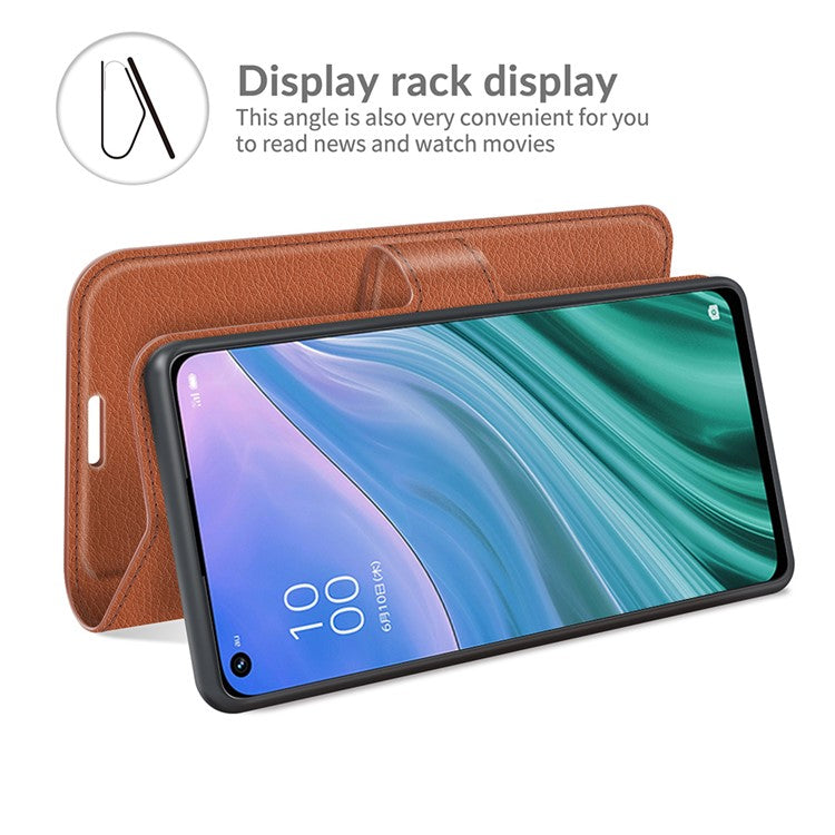 Folio Flip Litchi Texture Leather Wallet Phone Case with Stand for OPPO A54 5G/A93 5G/A74 5G/OnePlus Nord N200 5G - Brown