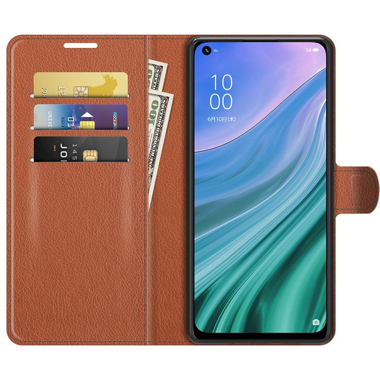 Folio Flip Litchi Texture Leather Wallet Phone Case with Stand for OPPO A54 5G/A93 5G/A74 5G/OnePlus Nord N200 5G - Brown