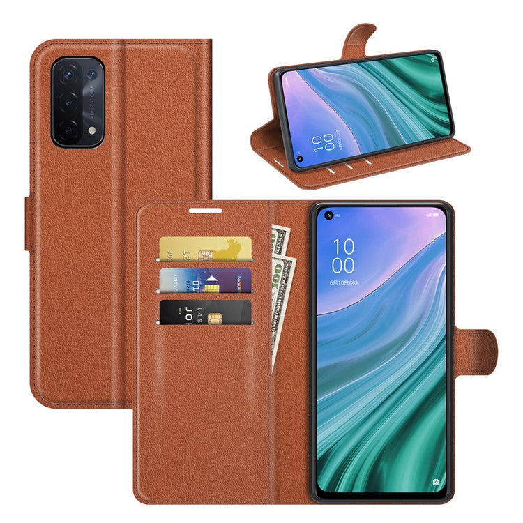 Folio Flip Litchi Texture Leather Wallet Phone Case with Stand for OPPO A54 5G/A93 5G/A74 5G/OnePlus Nord N200 5G - Brown