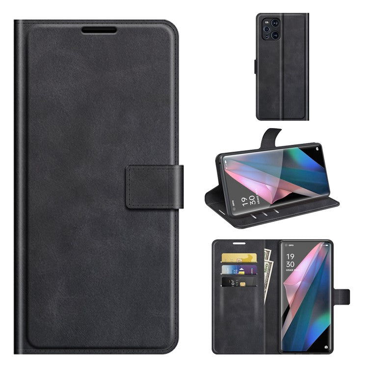 Magnetic Clasp Leather Wallet Standing Protective Case Cover for Oppo Find X3/Find X3 Pro - Black