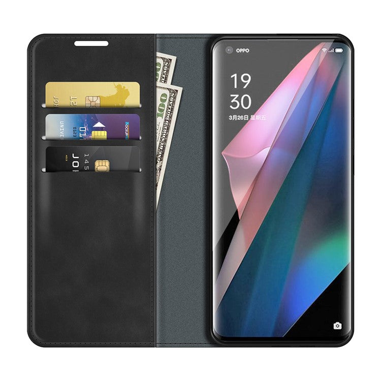 Skin-Touch Auto-absorbed Leather Cover with Wallet and Stand Design for Oppo Find X3/Find X3 Pro - Black