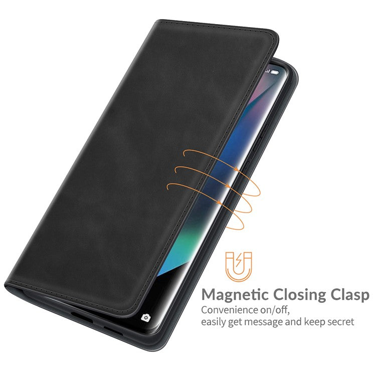 Skin-Touch Auto-absorbed Leather Cover with Wallet and Stand Design for Oppo Find X3/Find X3 Pro - Black