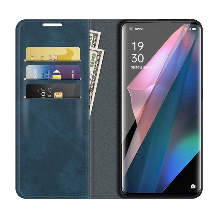 Skin-Touch Auto-absorbed Leather Cover with Wallet and Stand Design for Oppo Find X3/Find X3 Pro - Blue