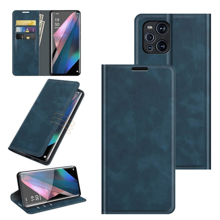 Skin-Touch Auto-absorbed Leather Cover with Wallet and Stand Design for Oppo Find X3/Find X3 Pro - Blue