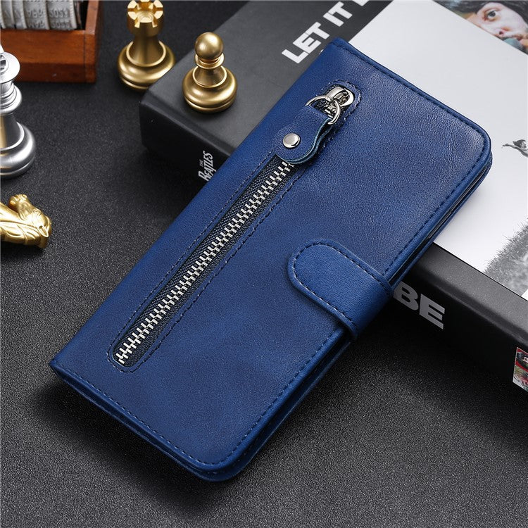 Zipper Pocket Full-Protection Leather Wallet Stand Phone Case Shell for Oppo Reno5 Pro+ 5G/Find X3 Neo - Blue
