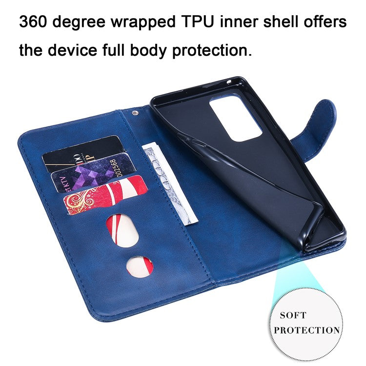 Zipper Pocket Full-Protection Leather Wallet Stand Phone Case Shell for Oppo Reno5 Pro+ 5G/Find X3 Neo - Blue