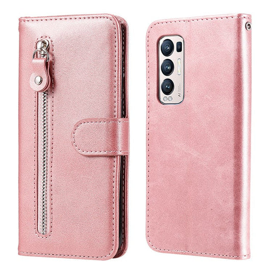 Zipper Pocket Full-Protection Leather Wallet Stand Phone Case Shell for Oppo Reno5 Pro+ 5G/Find X3 Neo - Rose Gold