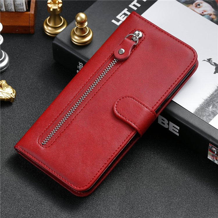 Wallet Stand Leather Protective Phone Case Zipper Pocket Design Cover Shell for Oppo Reno5 5G/Reno5 4G/Reno5 K/Find X3 Lite - Red