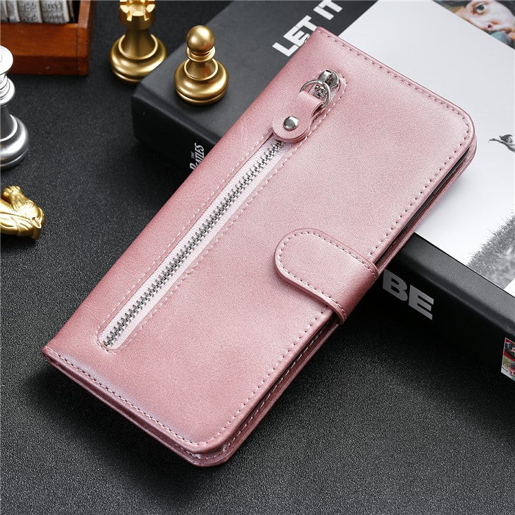 Wallet Stand Leather Protective Phone Case Zipper Pocket Design Cover Shell for Oppo Reno5 5G/Reno5 4G/Reno5 K/Find X3 Lite - Rose Gold