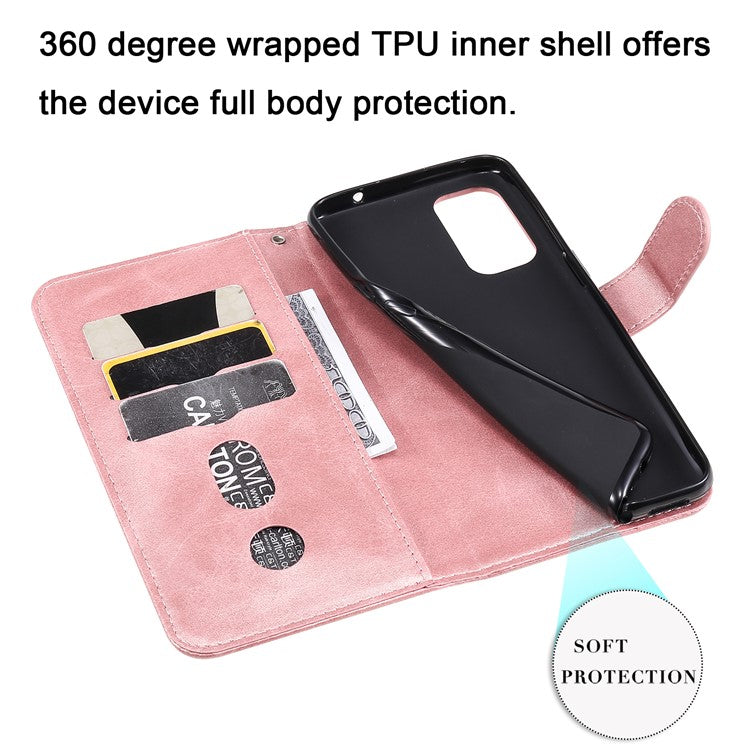 Wallet Stand Leather Protective Phone Case Zipper Pocket Design Cover Shell for Oppo Reno5 5G/Reno5 4G/Reno5 K/Find X3 Lite - Rose Gold