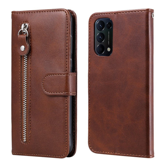 Wallet Stand Leather Protective Phone Case Zipper Pocket Design Cover Shell for Oppo Reno5 5G/Reno5 4G/Reno5 K/Find X3 Lite - Brown