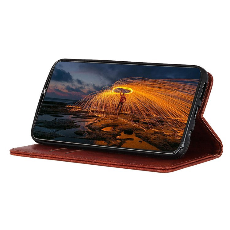 Auto-absorbed Crazy Horse Texture Leather Case Wallet Stand Shell for Oppo A93 5G/A54 5G/A74 5G - Brown