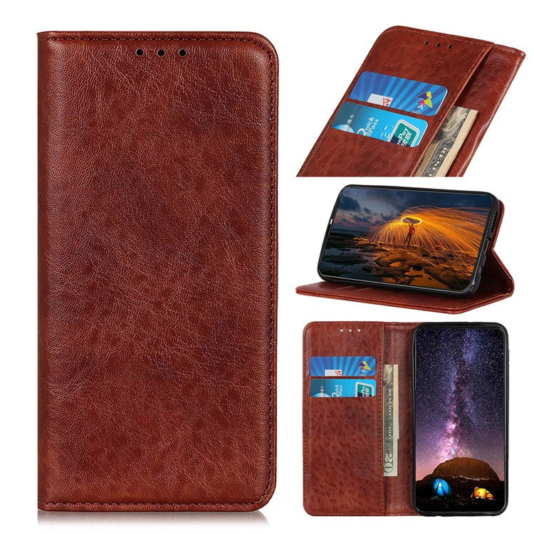 Auto-absorbed Crazy Horse Texture Leather Case Wallet Stand Shell for Oppo A93 5G/A54 5G/A74 5G - Brown