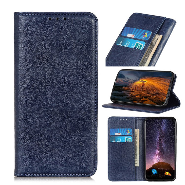 Auto-absorbed Crazy Horse Texture Leather Case Wallet Stand Shell for Oppo A93 5G/A54 5G/A74 5G - Blue