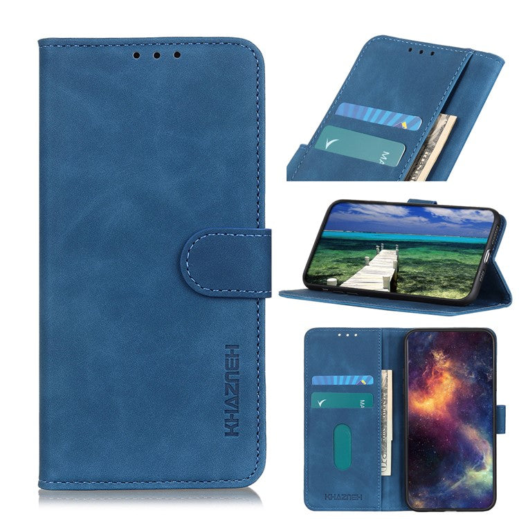 KHAZNEH Retro Grain PU Leather Standing Case Phone Wallet Cover for Oppo A93 5G/A54 5G/A74 5G - Blue