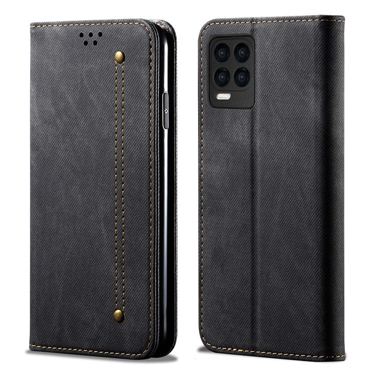 Jeans Cloth Texture Leather Wallet Stand Case for Realme 8/8 Pro - Black