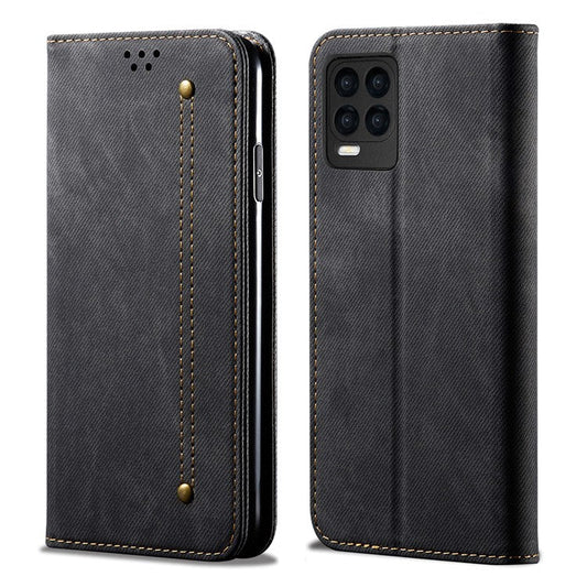 Jeans Cloth Texture Leather Wallet Stand Case for Realme 8/8 Pro - Black