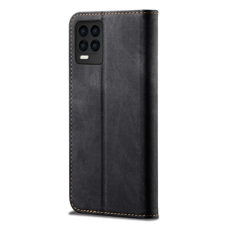 Jeans Cloth Texture Leather Wallet Stand Case for Realme 8/8 Pro - Black