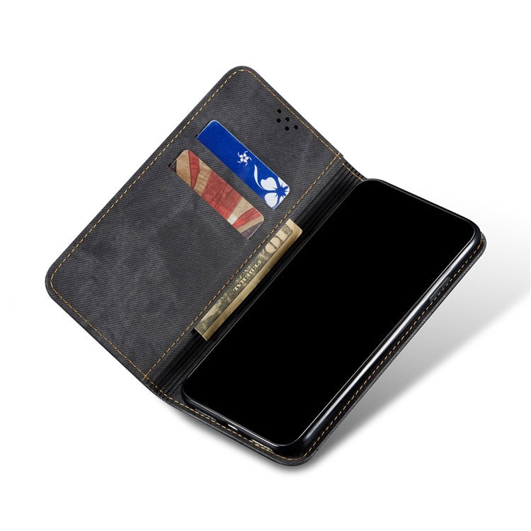 Jeans Cloth Texture Leather Wallet Stand Case for Realme 8/8 Pro - Black