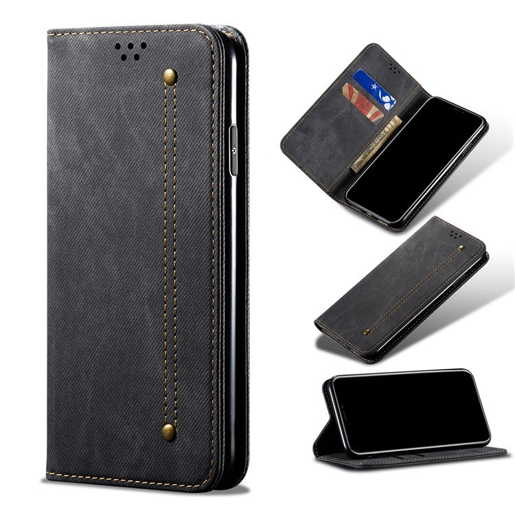 Jeans Cloth Texture Leather Wallet Stand Case for Realme 8/8 Pro - Black