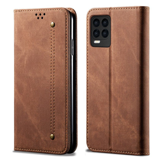 Jeans Cloth Texture Leather Wallet Stand Case for Realme 8/8 Pro - Red