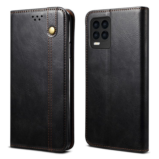 Oil-Waxy Leather Phone Cover with Wallet Stand for Realme 8/8 Pro - Black
