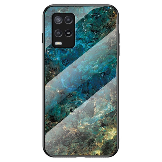 Well-Protected Marbling Pattern Design Anti-Scratch Tempered Glass Cell Phone Cover for Oppo A54 4G - Emerald Marble