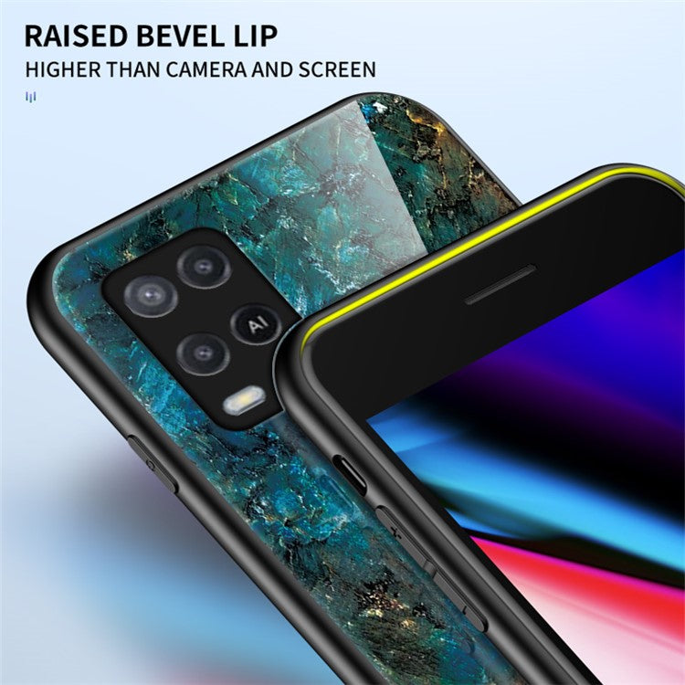 Well-Protected Marbling Pattern Design Anti-Scratch Tempered Glass Cell Phone Cover for Oppo A54 4G - Emerald Marble