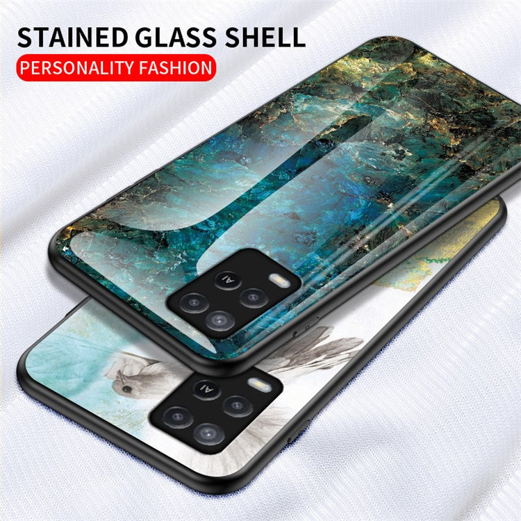 Well-Protected Marbling Pattern Design Anti-Scratch Tempered Glass Cell Phone Cover for Oppo A54 4G - Emerald Marble