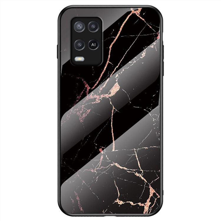 Well-Protected Marbling Pattern Design Anti-Scratch Tempered Glass Cell Phone Cover for Oppo A54 4G - Gold Black Marble
