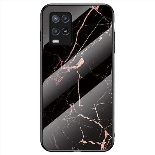 Well-Protected Marbling Pattern Design Anti-Scratch Tempered Glass Cell Phone Cover for Oppo A54 4G - Gold Black Marble