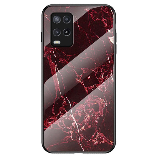 Well-Protected Marbling Pattern Design Anti-Scratch Tempered Glass Cell Phone Cover for Oppo A54 4G - Blood Red Marble
