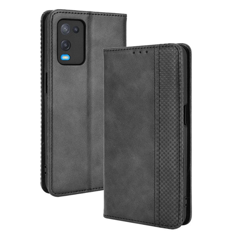 Magnetic Closure Vintage Style Phone Case Wallet Stand Leather Cover for Oppo A54 4G - Black