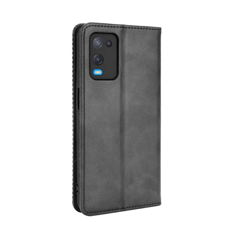 Magnetic Closure Vintage Style Phone Case Wallet Stand Leather Cover for Oppo A54 4G - Black