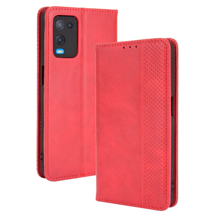 Magnetic Closure Vintage Style Phone Case Wallet Stand Leather Cover for Oppo A54 4G - Red