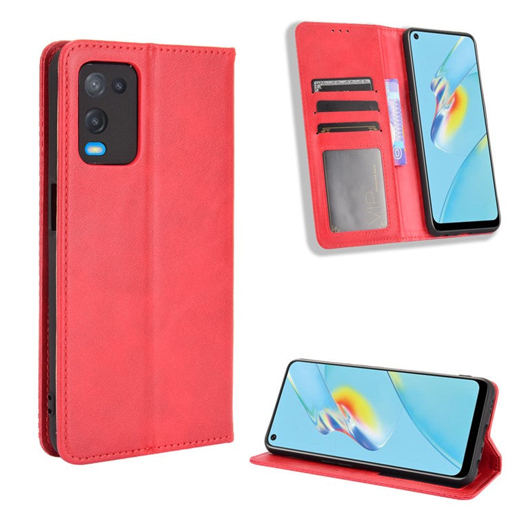 Magnetic Closure Vintage Style Phone Case Wallet Stand Leather Cover for Oppo A54 4G - Red