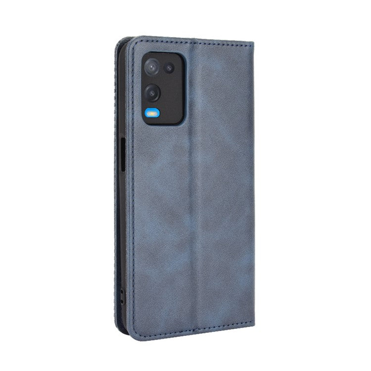 Magnetic Closure Vintage Style Phone Case Wallet Stand Leather Cover for Oppo A54 4G - Blue