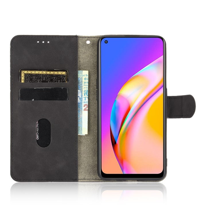 Skin-touch Supporting Stand Wallet Phone Case for Oppo F19 Pro+ 5G / A94 5G - Black