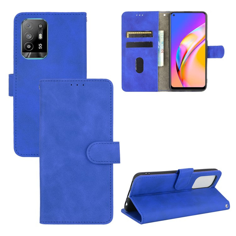Skin-touch Supporting Stand Wallet Phone Case for Oppo F19 Pro+ 5G / A94 5G - Blue