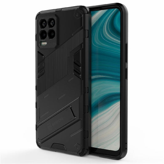 Foldable Kickstand PC + TPU Shockproof Hybrid Phone Back Case Cover for Realme 8 - Black
